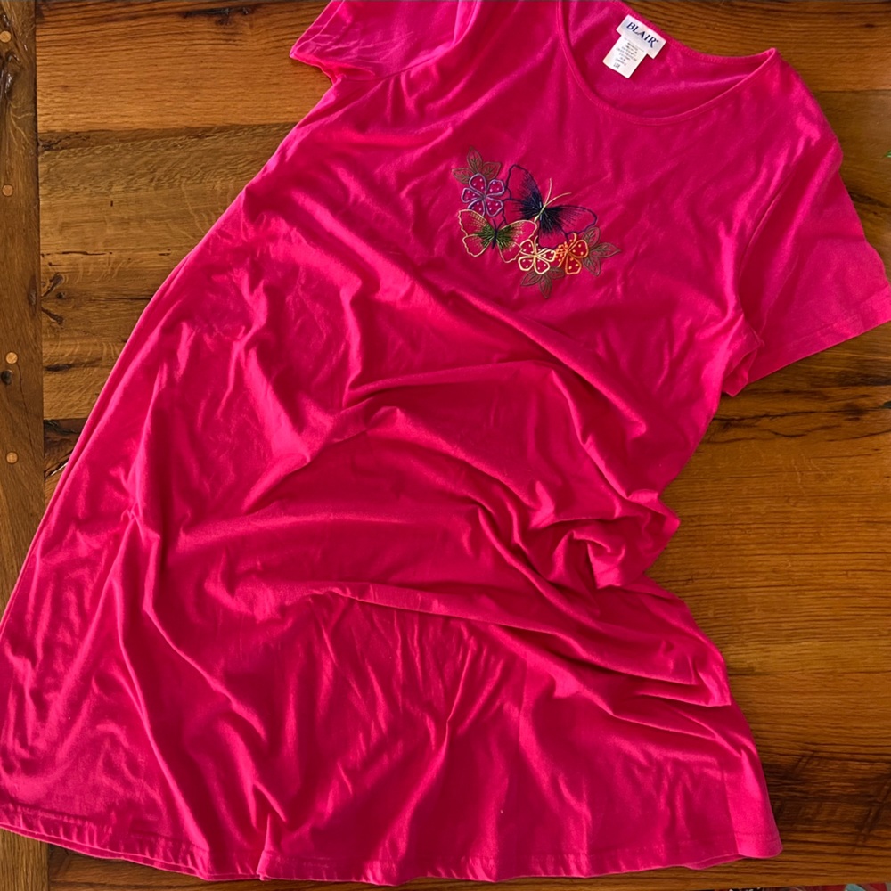 Blair Short Sleeve Tee Shirt Dress, Embroidered & Beaded Butterflies, Sz Large